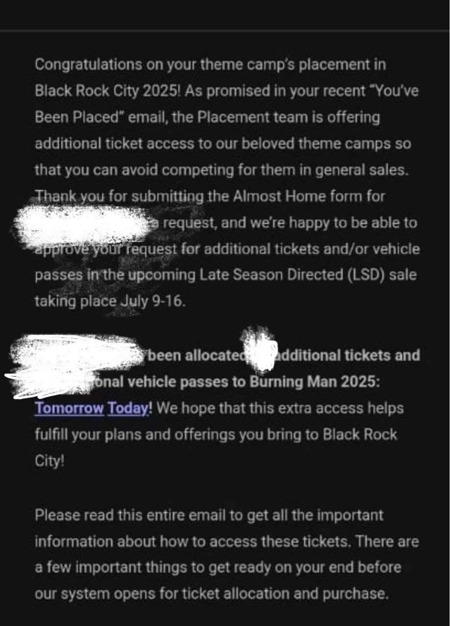 Burning Man starting to offer LSD tickets (Late Season Directed) - if you don’t have a ticket, talk to theme camps! - Image