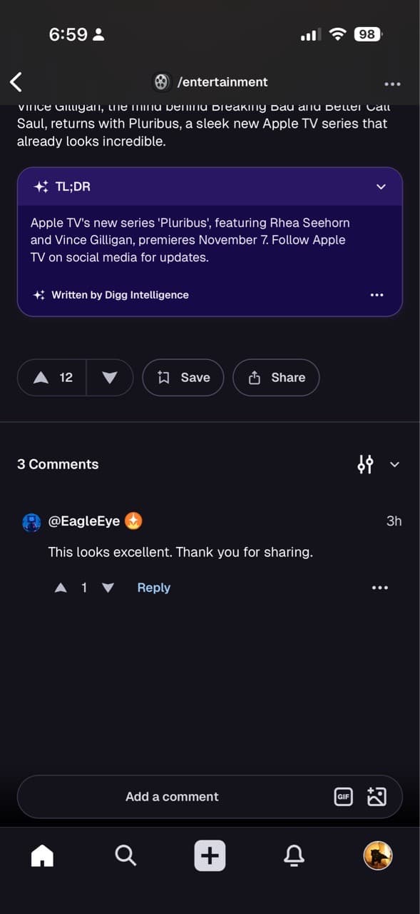 Screenshot of the Digg app showing only a single comment but the header says there are 3 comments.