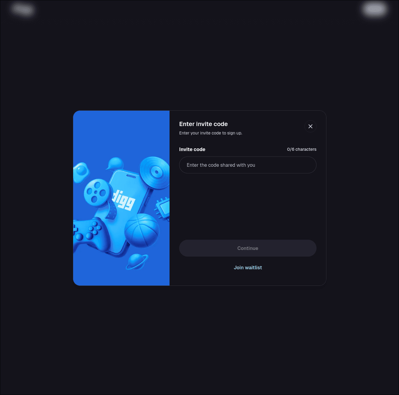 Invite code screen for Digg web app