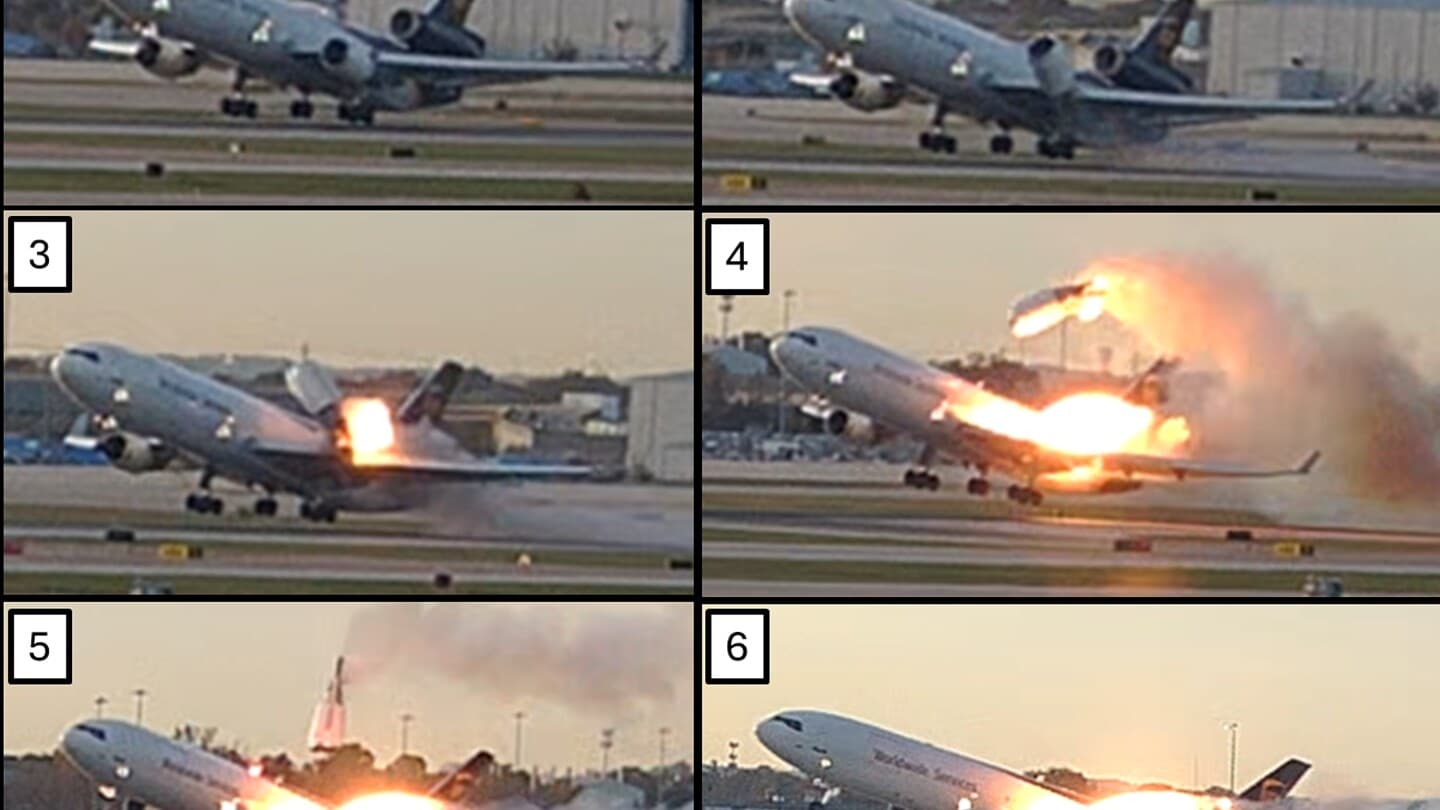 Dramatic photos of doomed UPS plane show the aircraft on fire and its engine flying off - Featured Image