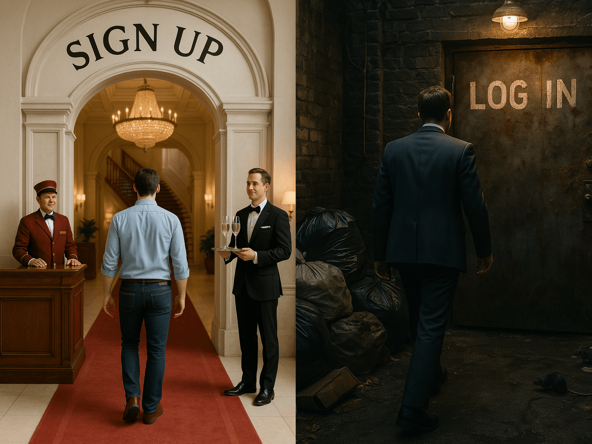 It’s amazing how fast a site can go from champagne service to gas station bathroom key. - Image