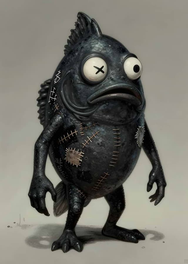 'Anthropomorphic Fish Creature with Patches' Poster, picture, metal print, paint by Skulls Of Insanity | Displate - Featured Image
