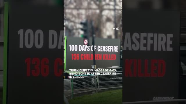 Truck displays images of Gaza being bombed after ceasefire in London - Featured Image